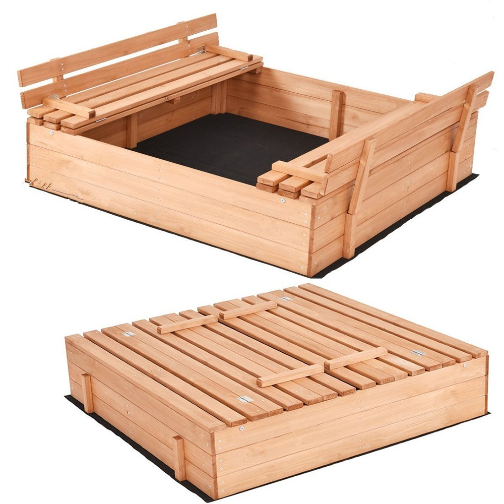Large Foldable Wooden Cabana Sandbox with Retractable Convertible Bench Seat for Baby