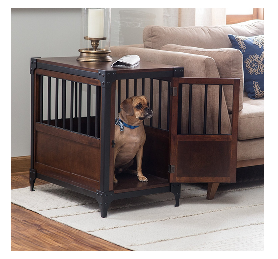 Wooden Pet Crate End Table in Espresso Finish with Metal Accents