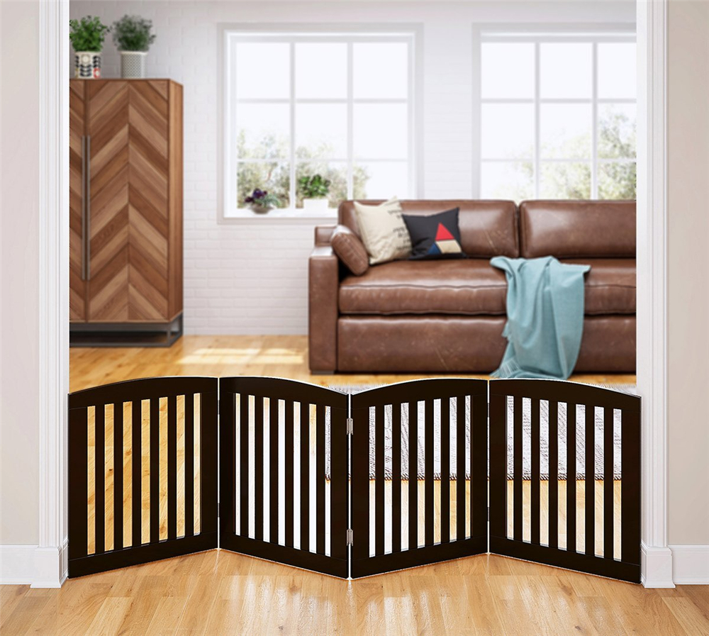 Home Wooden Freestanding Foldable Pet Gate for Dogs, 24 inch 4 panel step over fence w, Arched Top