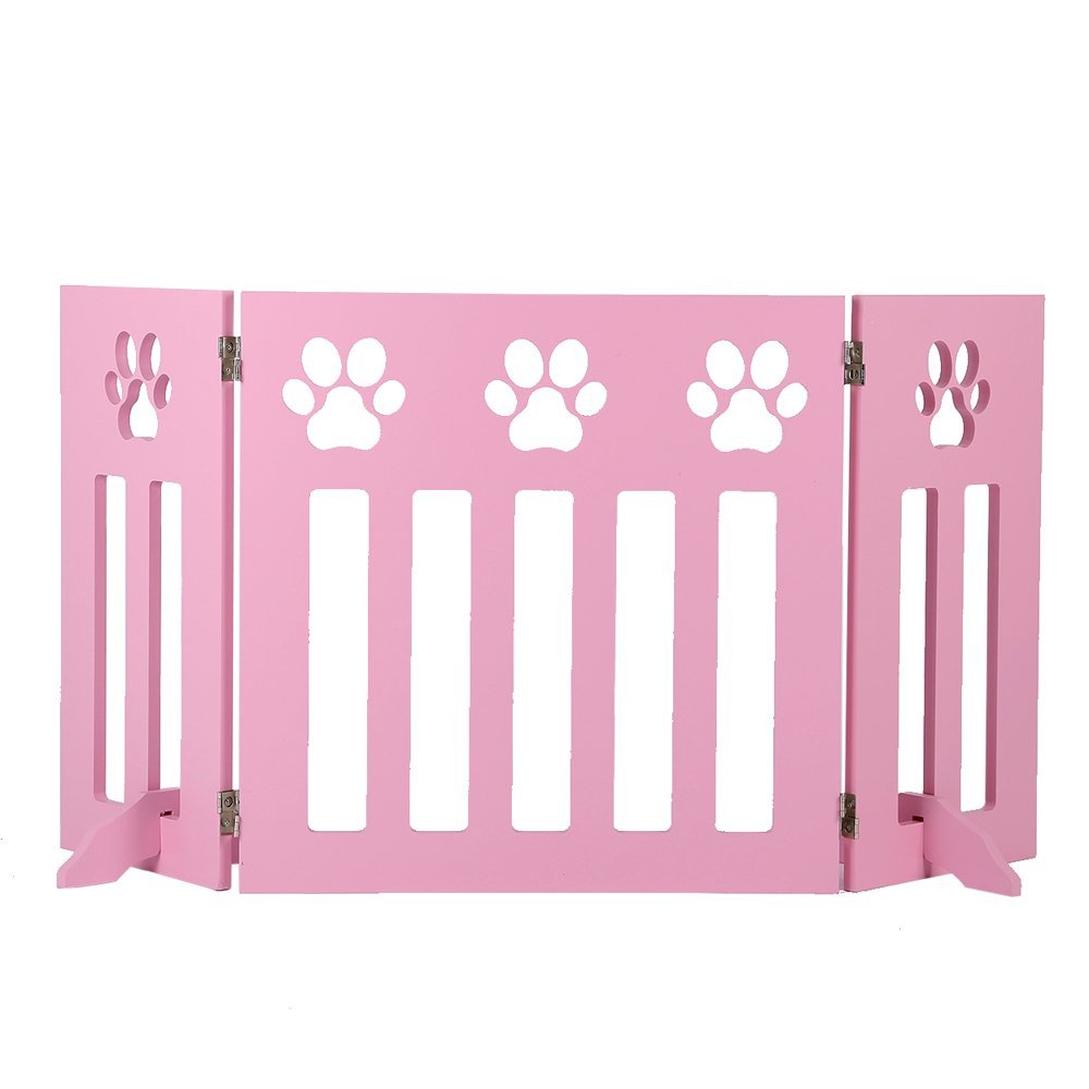 Freestanding Wooden Pet Gate, 3 Panel Folding Wooden Fence, Pink Puppy Gate