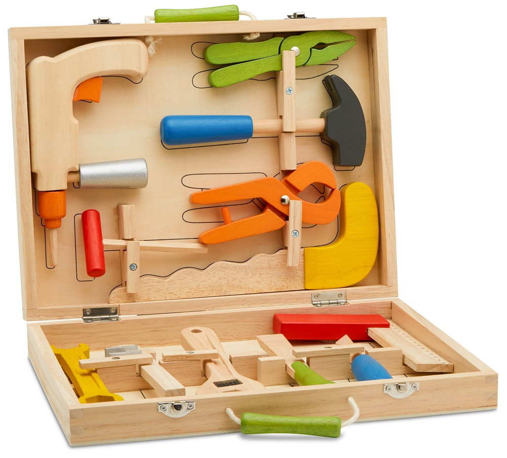 Solid Wood Tool Box with Colorful Wooden Tools, Construction Toy Role Play Set