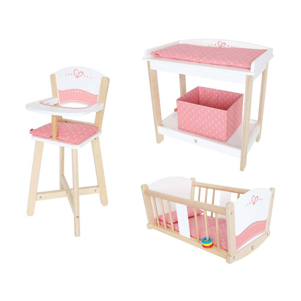 Wooden Baby Doll Highchair + Play Baby Cradle + Diaper Changing Table