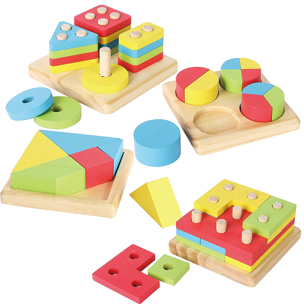 Wooden Educational Shape Color Sorting Puzzles Preschool Stacking Block Toddler Toys