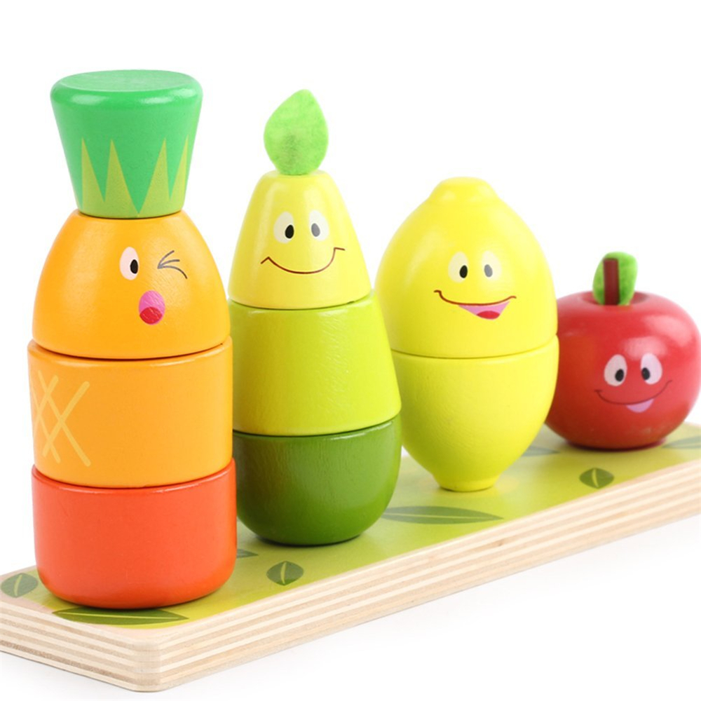 Wooden Educational Toy Fruit Shape Color Sorter Stacking Block Chunky Puzzle for Baby Toddlers
