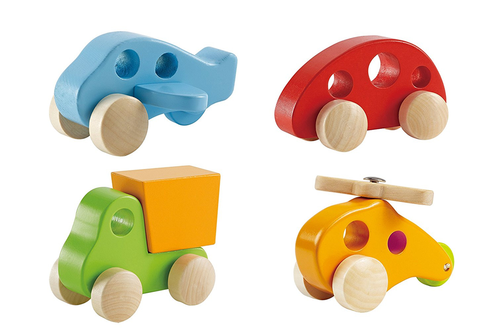 Wooden Toy Cars - 4 Piece Wooden Toys Set with Toy Car Airplane Truck and Helicopter Wood Push Toys