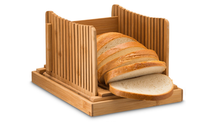 Bamboo Foldable Bread Slicer with Crumb Catcher Tray for Cutting Even Slices