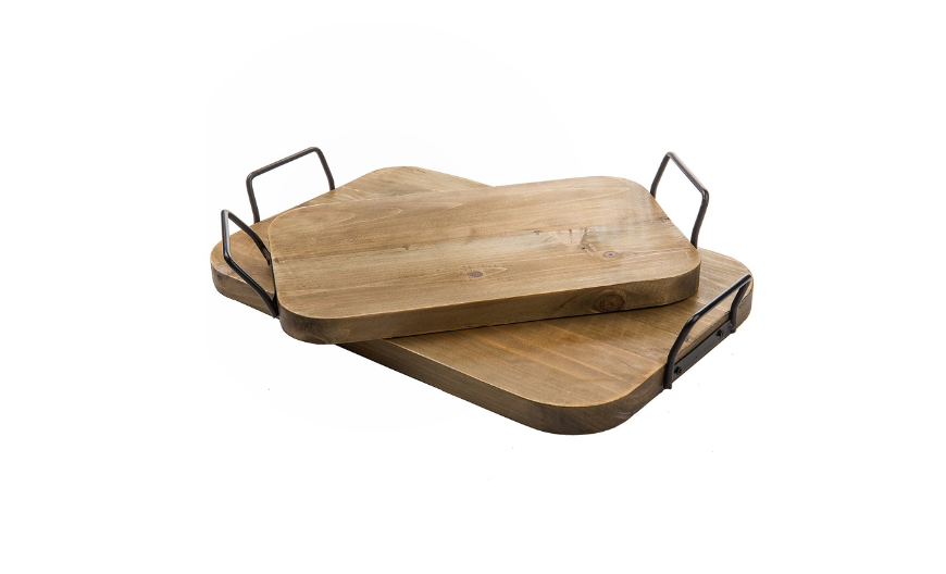 Vintage Style Wooden Breakfast Serving Trays with Black Metal Handles