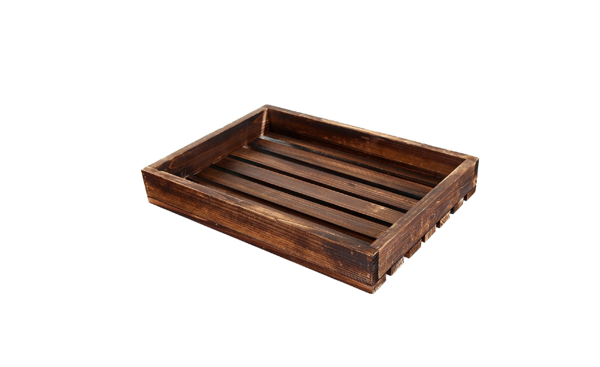 Country Rustic Style Wood Slat Breakfast Serving Tray, Rectangular Display Stand, Dark Brow