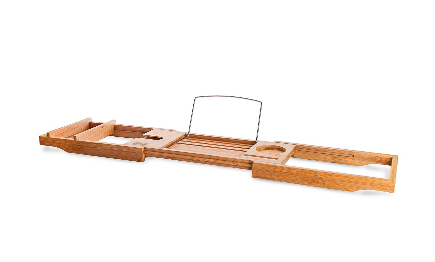 Bamboo Bathtub Tray Caddy - Expandable - Water Resistant - Bath Organizer for Cell Phone Book iPad