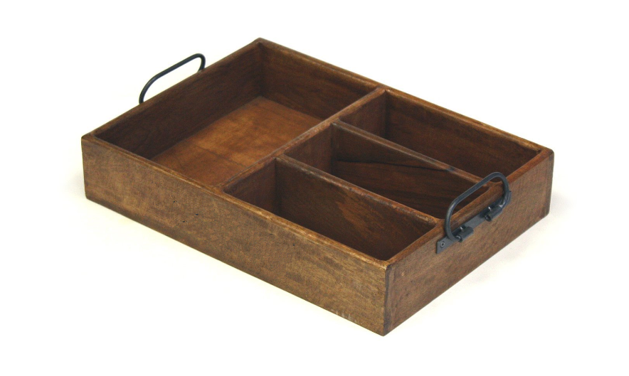 4 Section Merlot Vintage Style Mango Wood Organizer Tray Caddy with Metal Handles