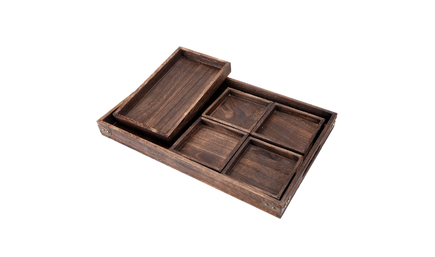 7-Piece Rustic Paulownia Wooden Nesting Serving Trays Set with Cutout Handles