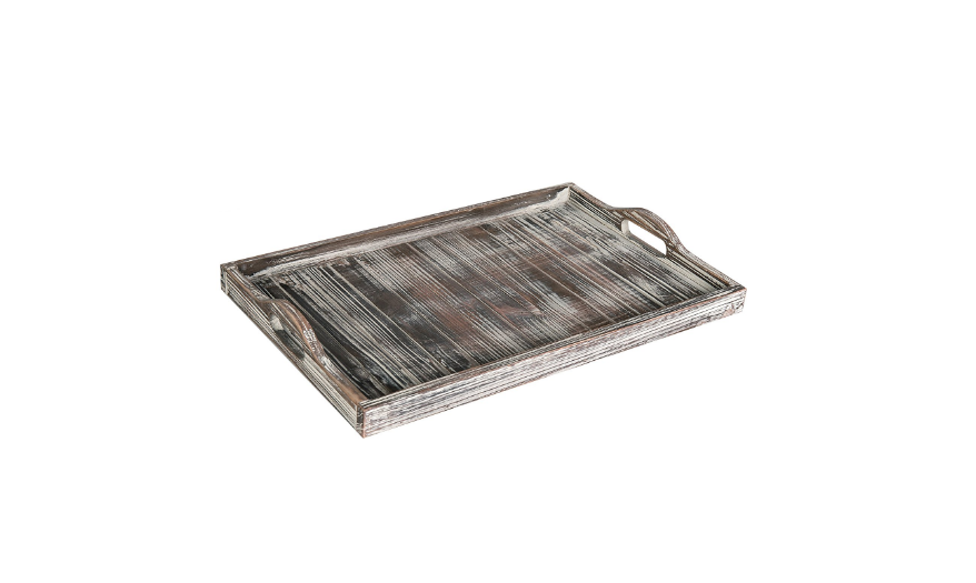 Rustic Torched Wood Breakfast Serving Tray & Coffee Table Accent Platter with Cutout Handles, Brown