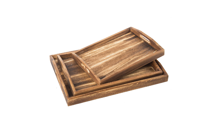 Torched Wood Rectangular Nesting Breakfast, Wooden Coffee Table Butler Serving Trays, Dark Brown