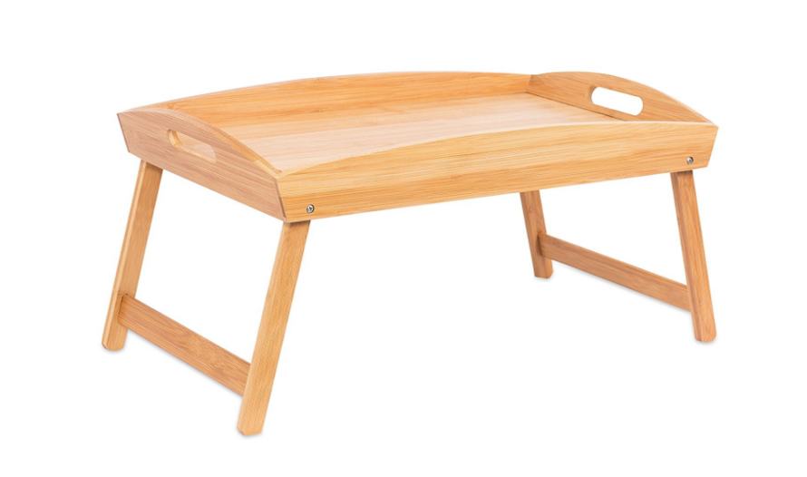 Bamboo Bed Tray , Wooden Curved Sides Breakfast Serving Tray with Folding Legs