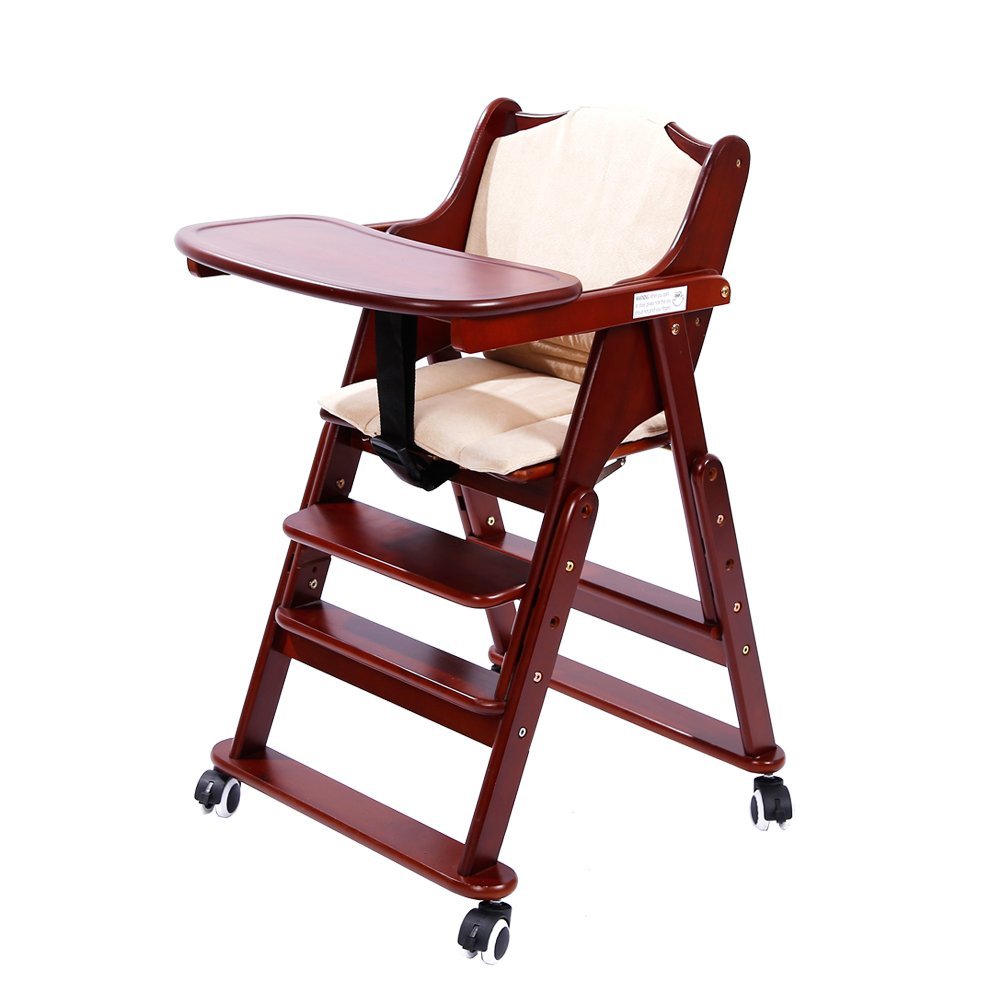 Solid Wooden High Chair Adjustable Rolling Baby Chair for Babies and Toddlers Feeding Chair with Tray