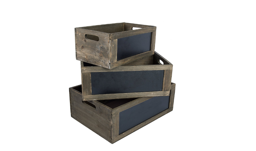 Rustic Nesting Wooden Storage Crates with Chalkboard Front Panel and Cutout Handles