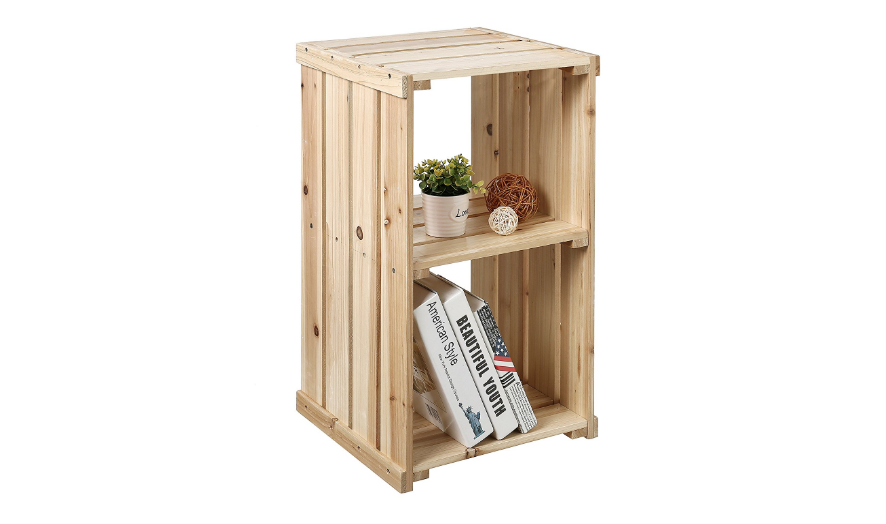 Natural Wood Crate Design 2-Bin Storage Cubby, Decorative End Table