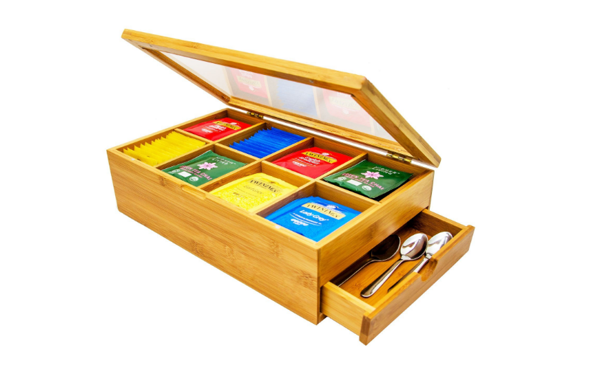 Bamboo Tea Box Chest Organizer With Slide Out Drawer, 8 Storage Compartments Clear Shatterproof Hinged Lid