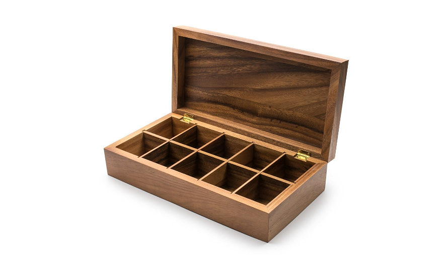 Antique Acacia Wood Tea Box with hinged lid,10 compartments