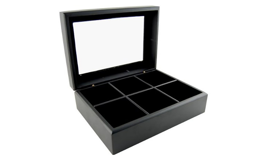 Black Wooden Tea Bag Chest with glass lid,6 compartments