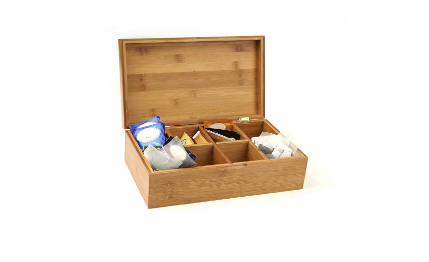 Bamboo Tea Box Storage Organizer, 8 Compartment Chest Box, Natural