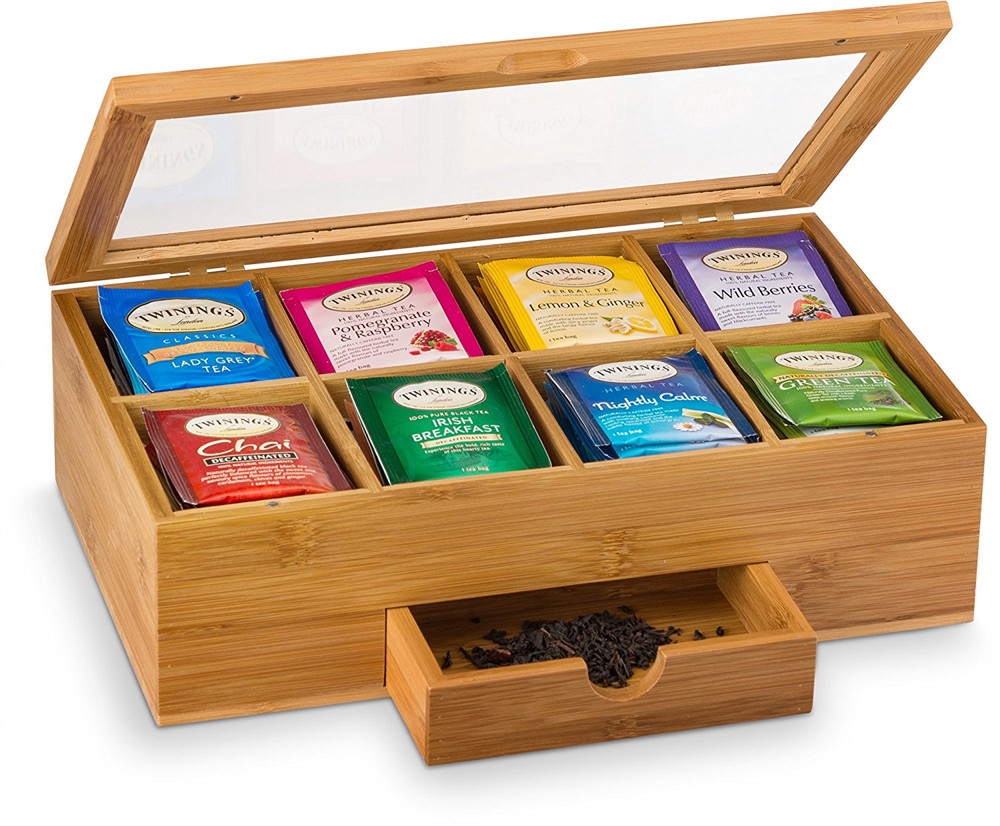 Natural Bamboo Tea Box Organizer with Small Drawer