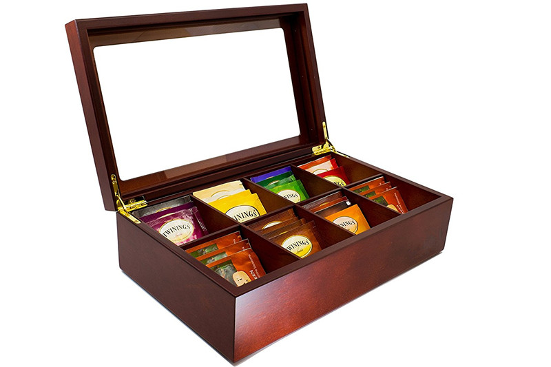 Wooden Tea Storage Chest Box with 8 Compartments and Glass Window