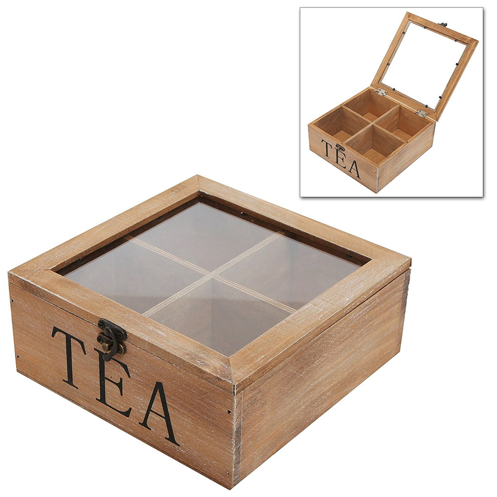 Rustic Wood Tea Bag Storage Chest, Multipurpose Organization Display Box with Clear Lid, Brown