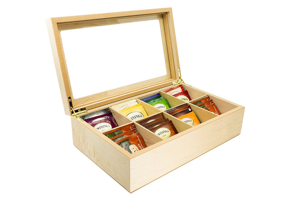 Luxury Wooden Tea Box Storage Chest, 8 Compartments With Glass Window