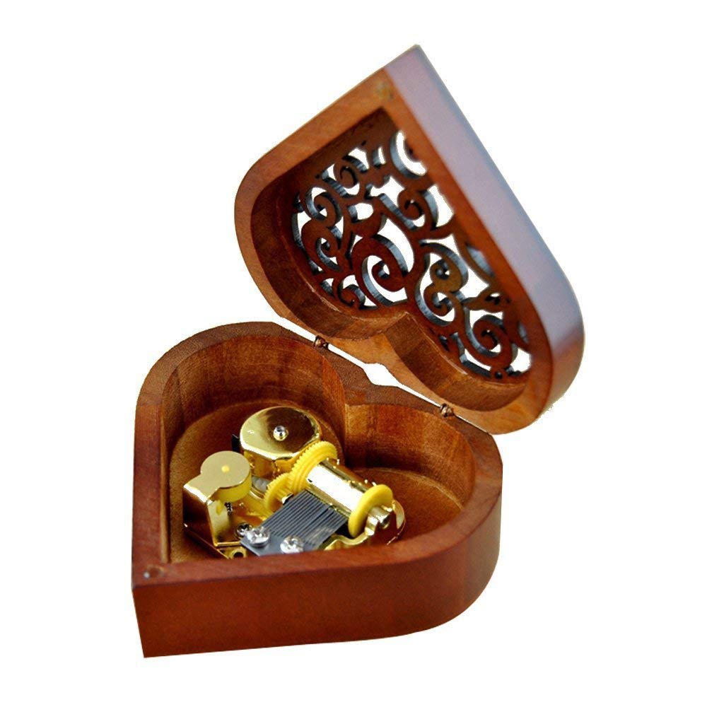 Heart Shape Vintage Wood Carved Mechanism Musical Box
