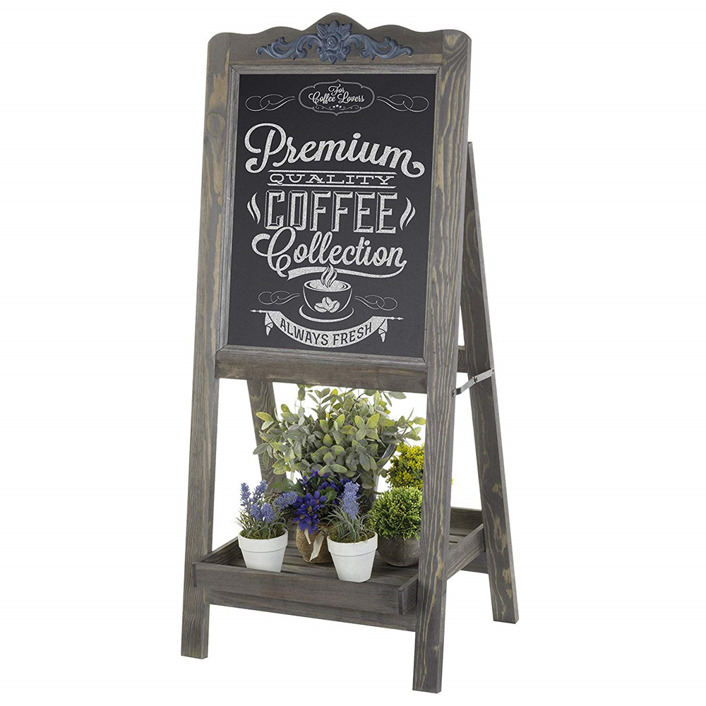 Rustic Gray washed Wooden Easel Blackboard Sign with Plant Shelf
