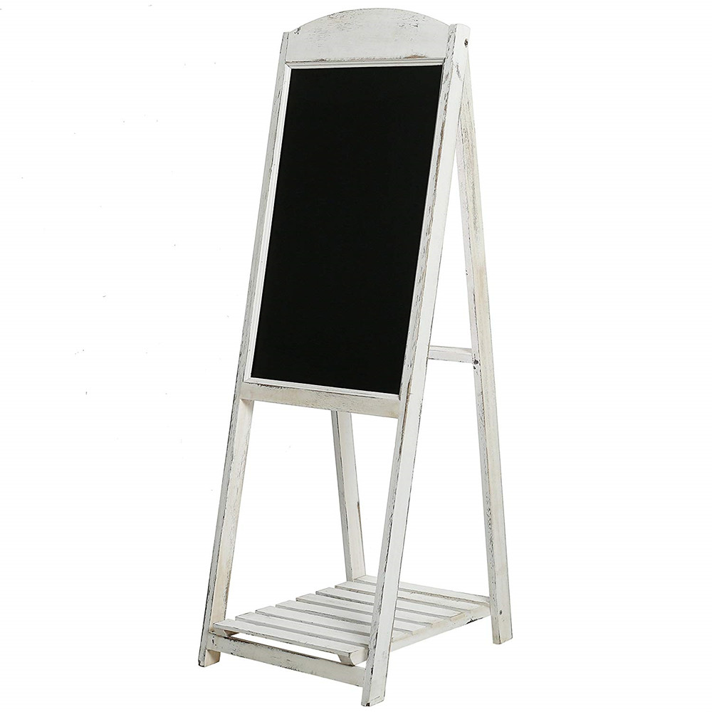 Rustic Whitewashed Wood A-Frame Sidewalk Menu Blackboard Sign with Display Shelf