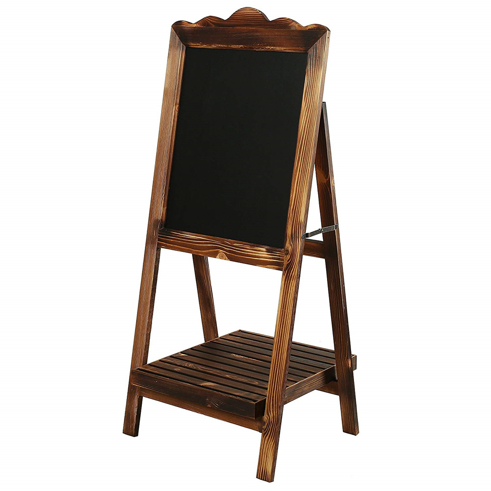 Torched Wood Blackboard Sign with Display Shelf, Freestanding Easel Message Board
