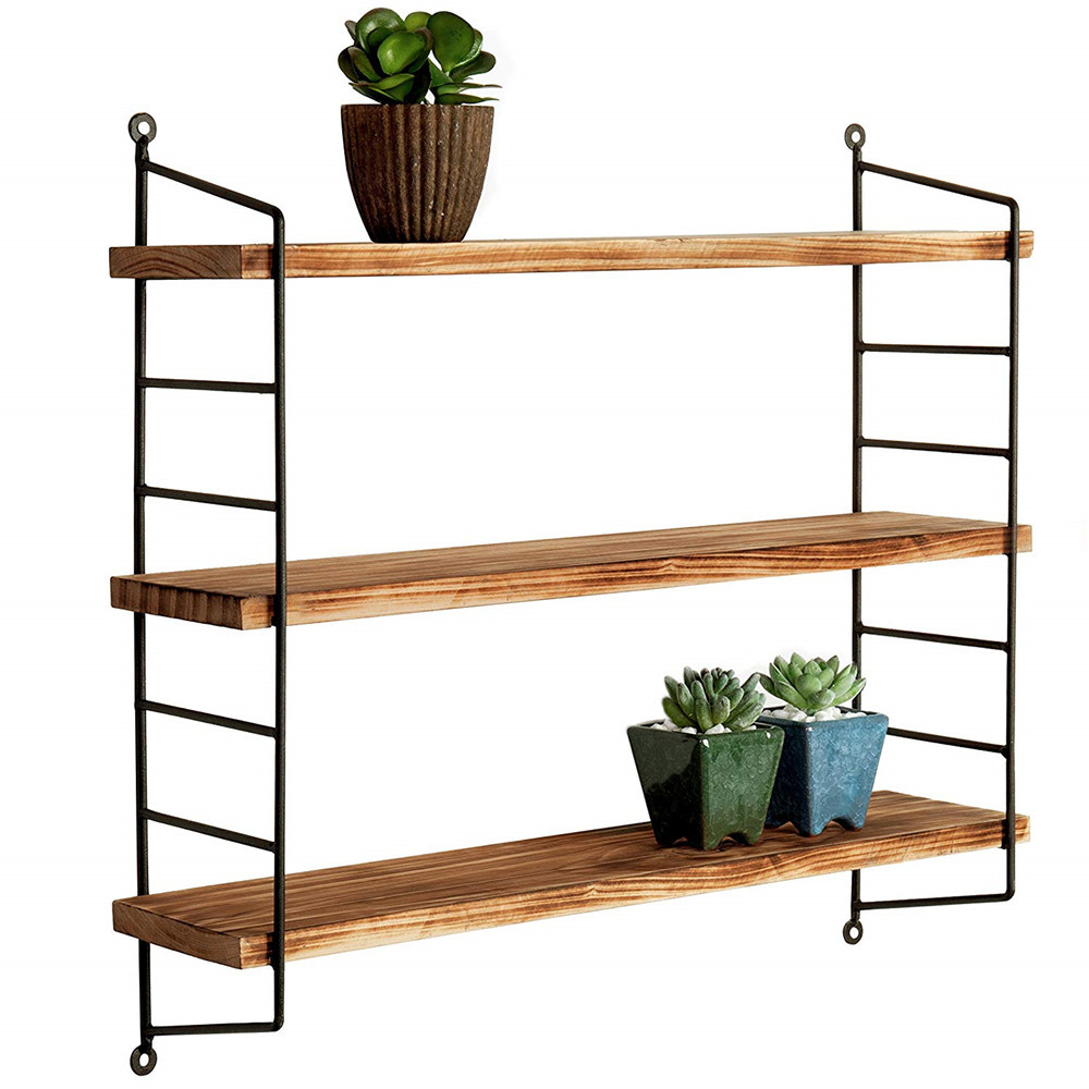 Modern Industrial Metal & Torched Wood Adjustable Wall Mounted 3-Tier Shelf