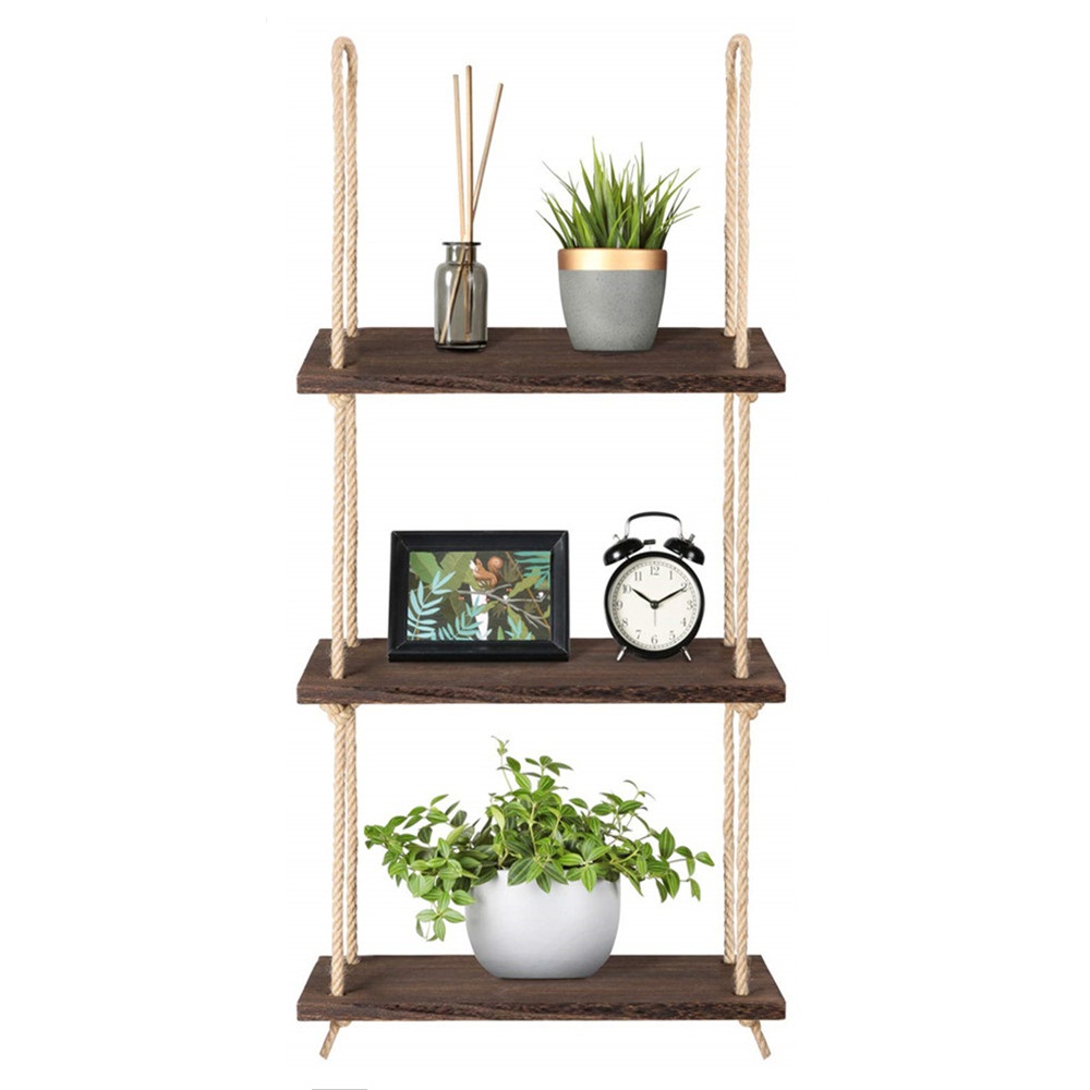 Wood Hanging Shelf Wall Swing Storage Shelves Jute Rope Organizer Rack
