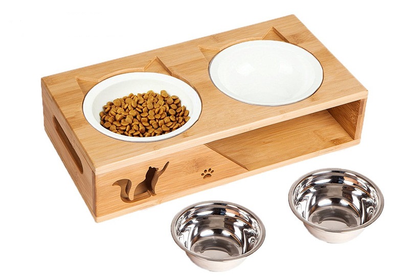 Raised Pet Feeder Solid Bamboo Stand Perfect for Cats and Small Dogs