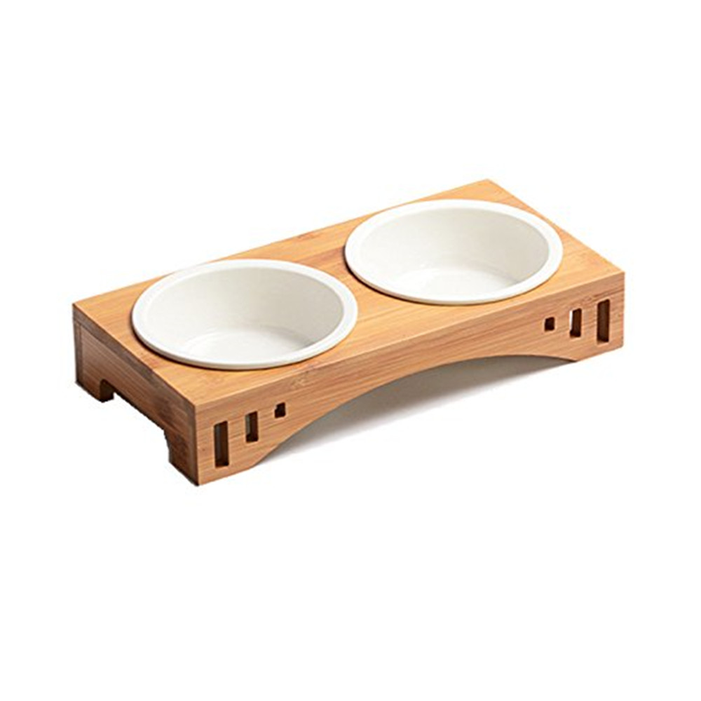 Raised Dog Cat Feeder Solid Bamboo Stand Ceramic Food Feeding Bowl