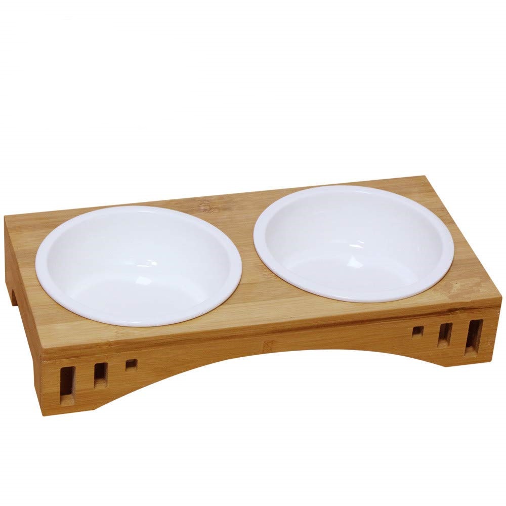 Bowls Raised Wooden Stand Pet Dining Table with Ceramic Bowls