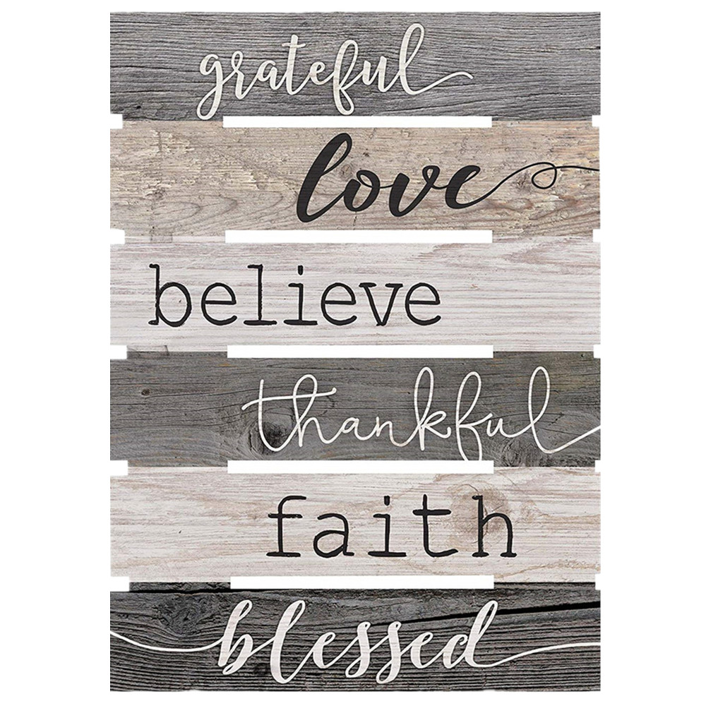 Grateful Love Believe Thankful Faith Blessed Solid Pine Wood Skid Wall Plaque Sign