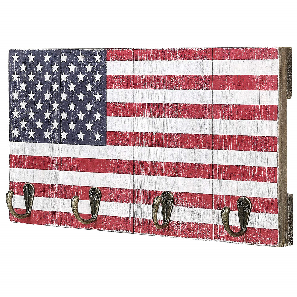 4-Hook American Flag Design Wood Wall Mounted Key Rack