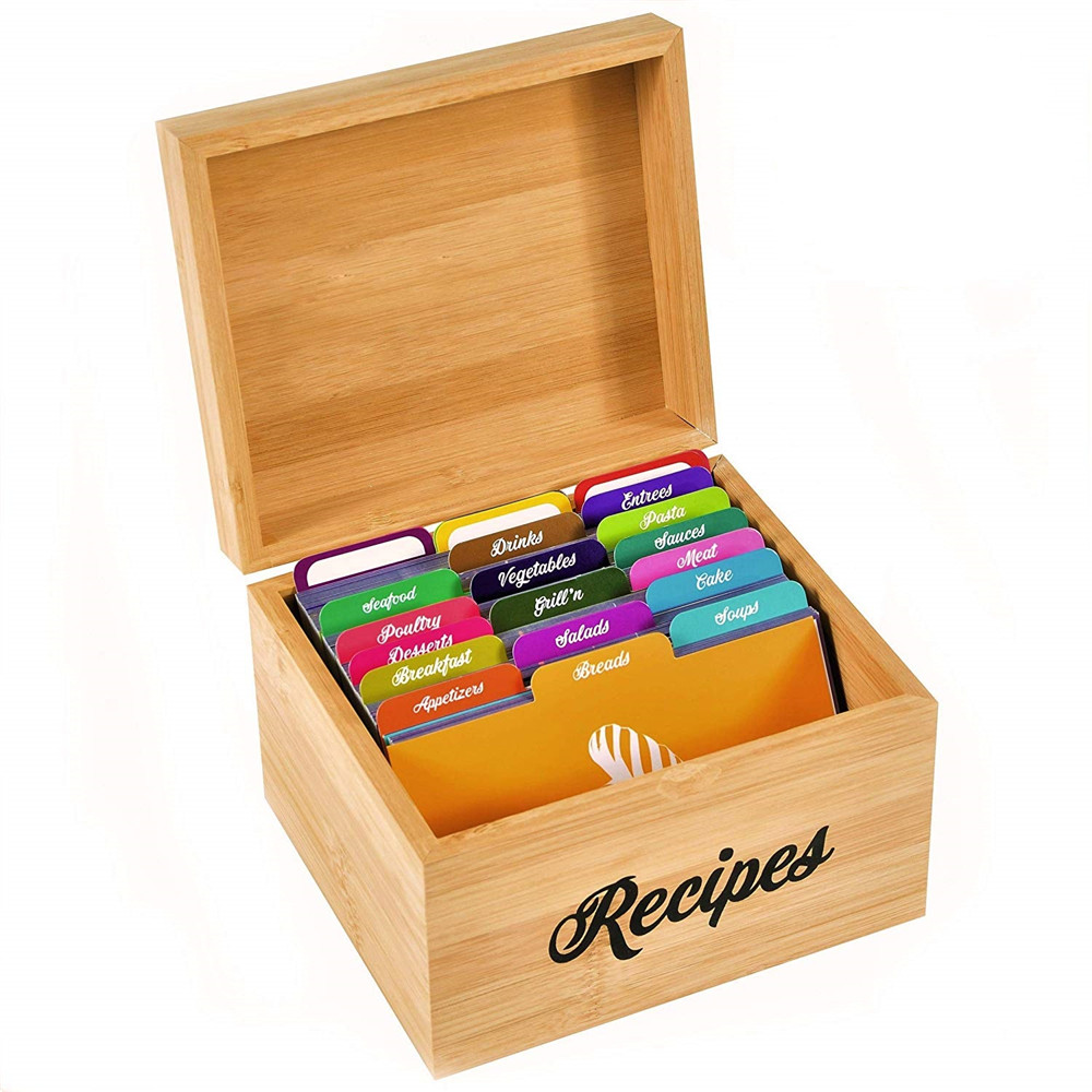 Bamboo Wood Recipe Box with 100 recipe cards 4x6inch and 25 dividers