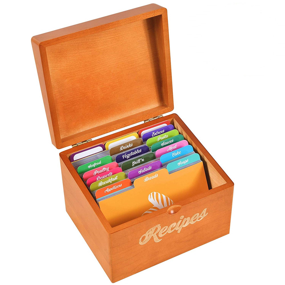 Wood Recipe Box with 100 recipe cards 4x6 and 25 dividers